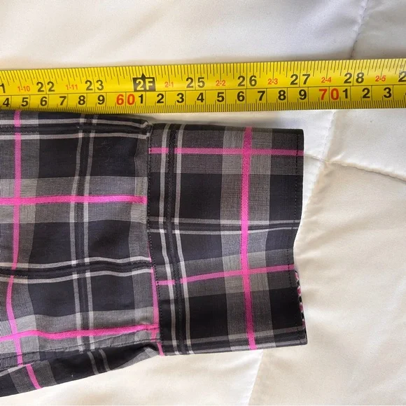 Bugatchi Men’s XXL Cotton Shape Fit Button Down Dress Shirt Black Pink Plaid EUC - Picture 9 of 10